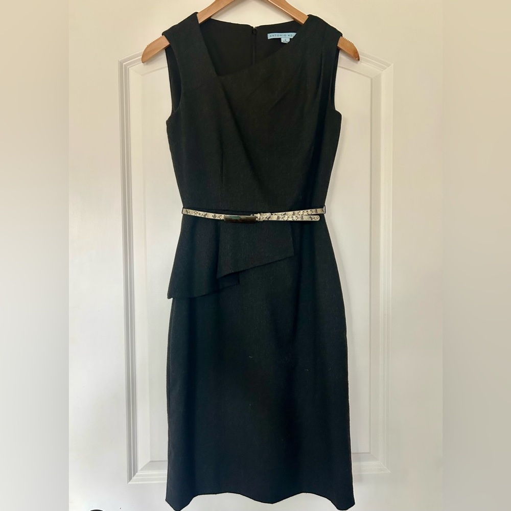 ANTONIO MELANI Black Peplum Asymmetrical Dress with Snakeskin Belt- Sz 0